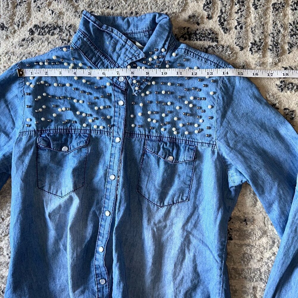 Big Dart Embellished Pearl Rhinestone Denim Shirt Hi Low Tunic Medium - Picture 7 of 10